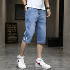 Clothes Y2k Man 2000s Summer Thin Stripe Men's Loose Casual Shorts Korean Denim Luxury  Elastic Waist Knee Pants Black Jeans Man
