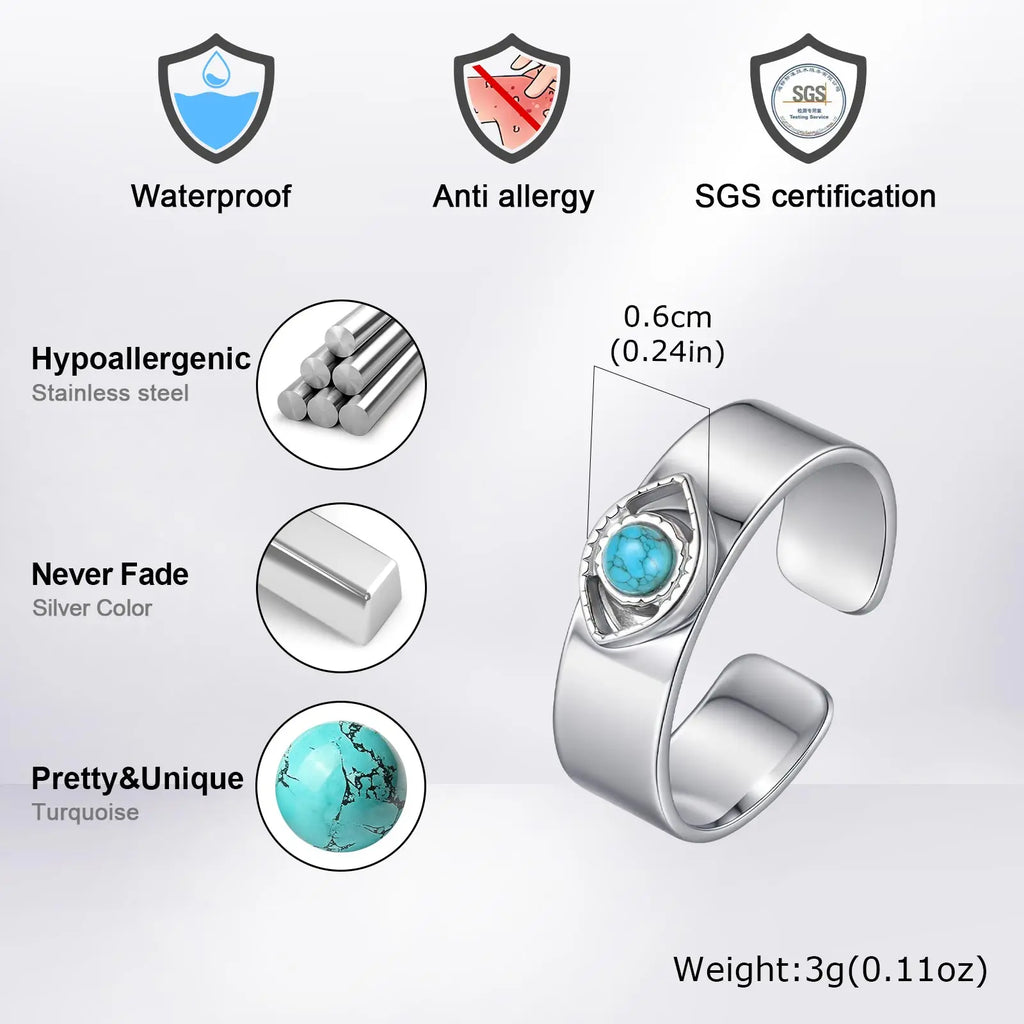 Natural Stone Devils Eyes Ring for Men,Punk Waterproof Stainless Steel Adjustable Cuff Ring,Türkiye Exorcism Jewelry Gift
