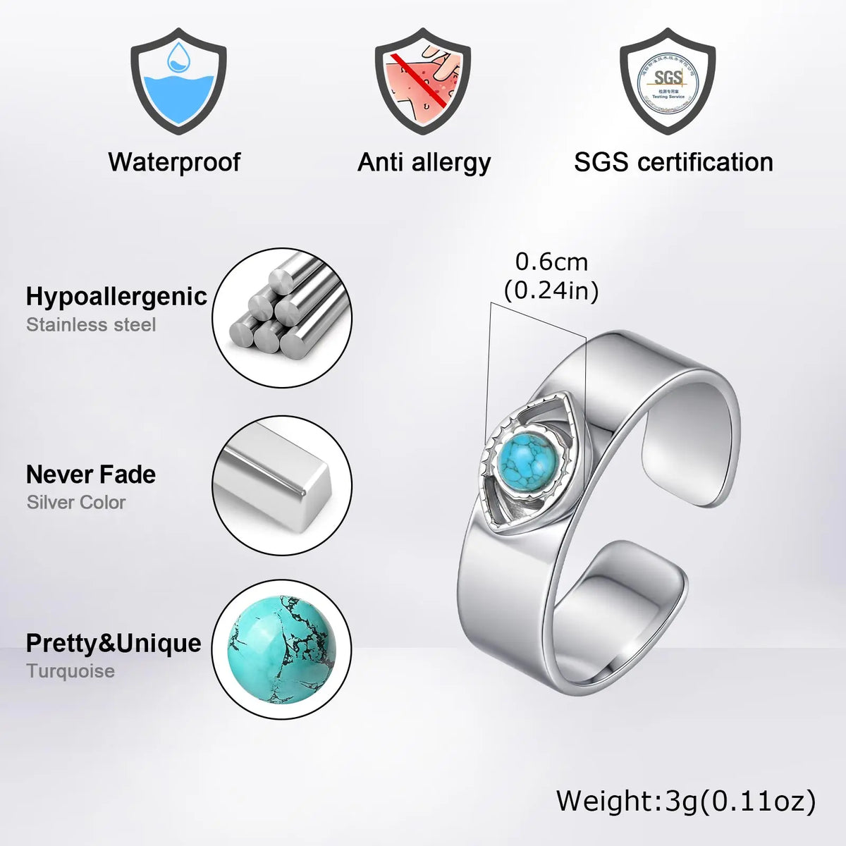 Natural Stone Devils Eyes Ring for Men,Punk Waterproof Stainless Steel Adjustable Cuff Ring,Türkiye Exorcism Jewelry Gift