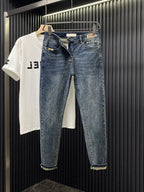 Trendy Brand 2026 Versatile Labeled Jeans for Men Stretch Slim Fit Simple Skinny Pants Trendy Cat Whisker Slimming Cropped Pants