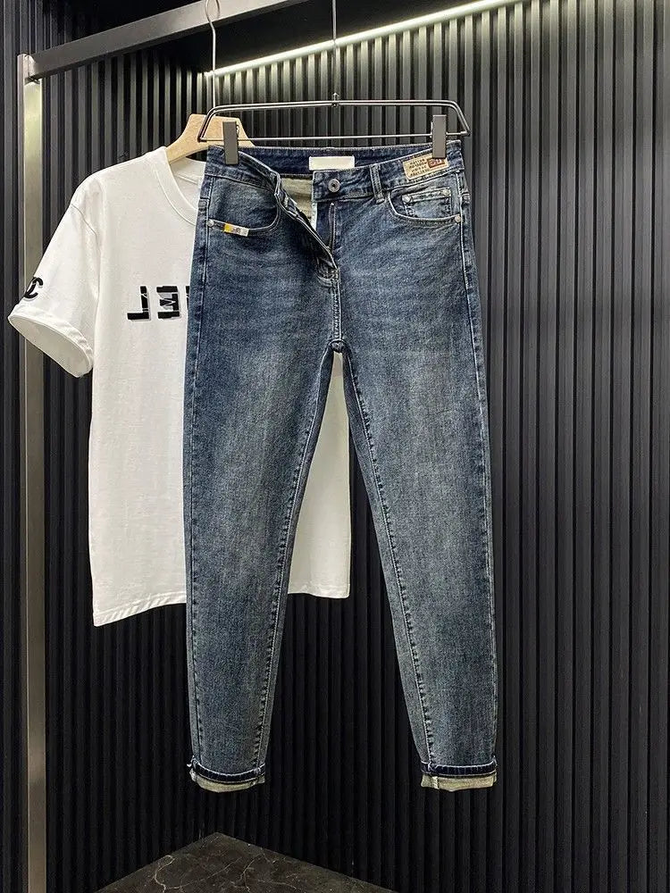 Trendy Brand 2026 Versatile Labeled Jeans for Men Stretch Slim Fit Simple Skinny Pants Trendy Cat Whisker Slimming Cropped Pants