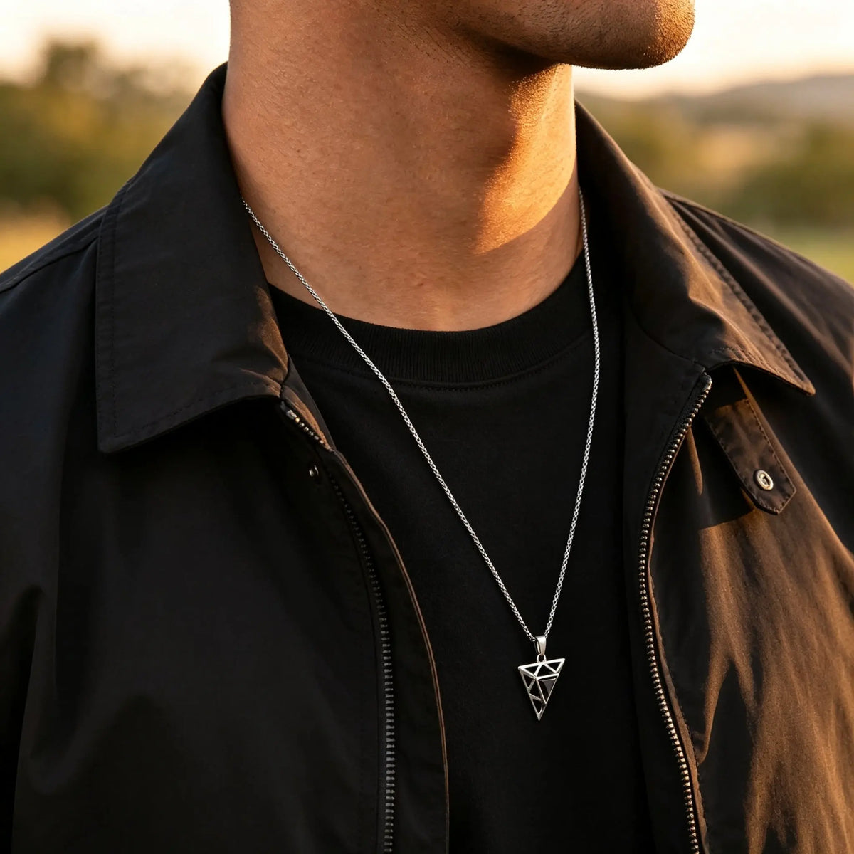 Black Triangle Stone Pendant Necklace for Men,Stainless Steel Hollow Geometric Pendant Necklace,Gothic Punk Hip Hop Jewelry Gift