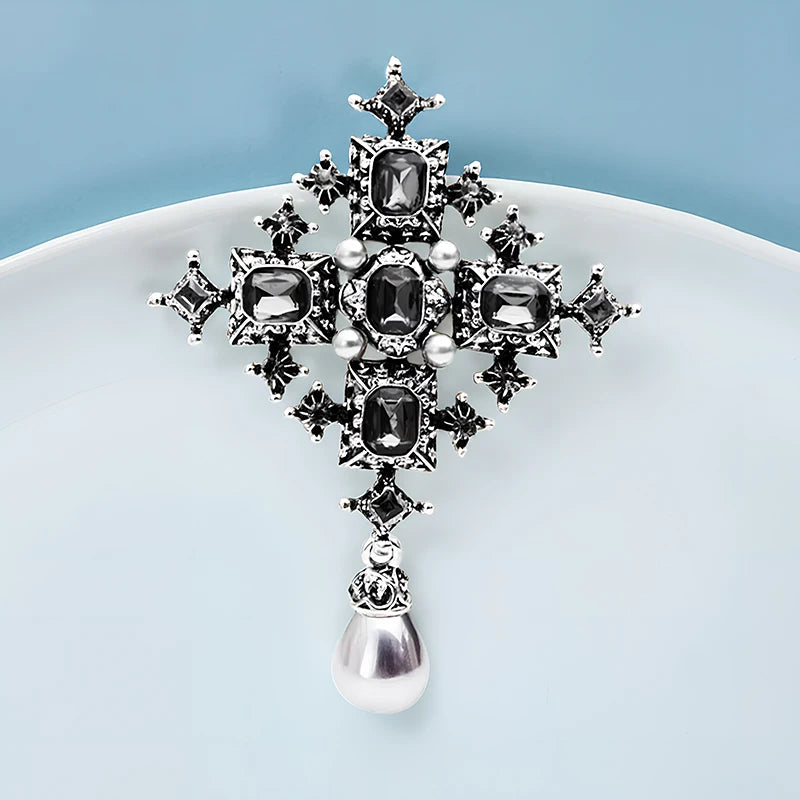 PENDRA Royal Cross Vintage Crystal Pearl Brooch
