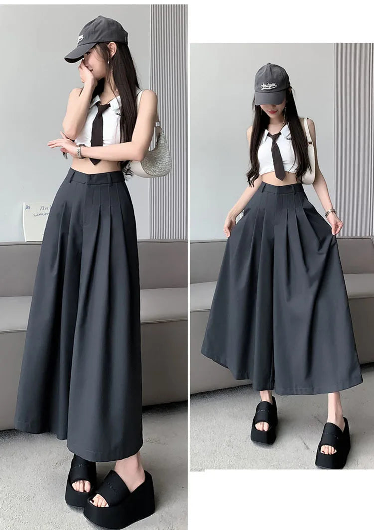 Oversize Wide Leg Pants For Women Gathered Waist Spliced Ruched Casual Solid Long Trousers Female Clothing Summer