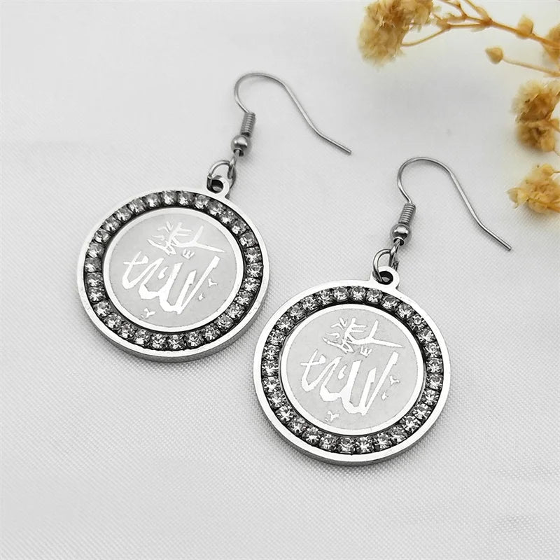 Muslim Islamic Religious Crystal Hoop Earrings For Women Men Stainless Steel Gold Color Islam Quran Allah Earring Arabic Jewelry