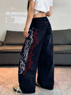 American Retro Two-Color Totem Embroidered Women's Loose Wide-Leg Jeans Y2K Trendy Street Fashion Versatile High-Waisted Trousers