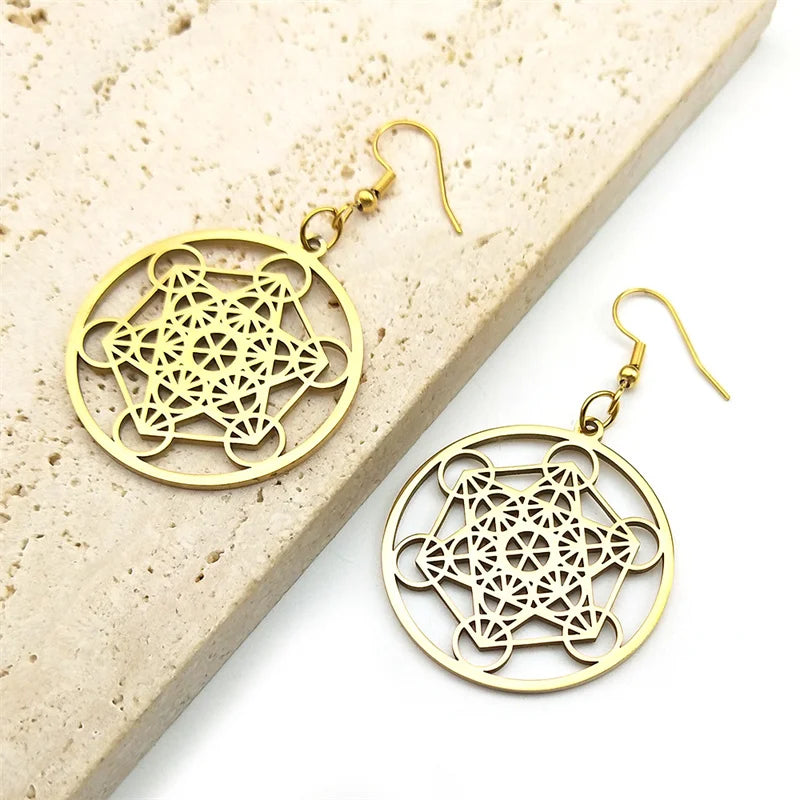 Sacred Geometry Metatron Cube Big Hoop Earrings for Women Stainless Steel Gold Color Amulet Chakra Round Hollow Earrings Jewelry