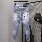 Spring and Autumn 2025 Elastic Slim Small Foot Jeans Men's Korean Trendy Versatile Luxury Clothing Trendy Graffiti Printed Pants