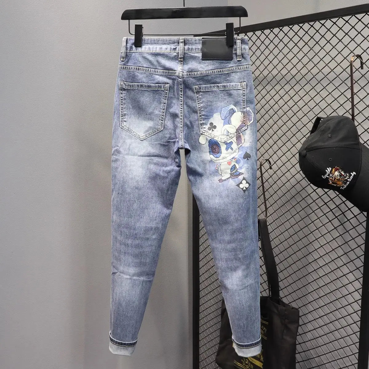 Spring and Autumn 2025 Elastic Slim Small Foot Jeans Men's Korean Trendy Versatile Luxury Clothing Trendy Graffiti Printed Pants