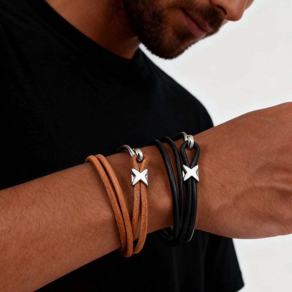 Multilayer Leather Bracelet for Men,Trendy Complicated Stacking Fish Hook Wristband,Rock Punk Jewelry Gift