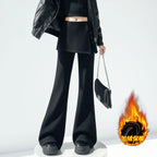 Fake two pieces fart curtain slightly flared pants women autumn winter high waisted buttons slimming floor hugging pants
