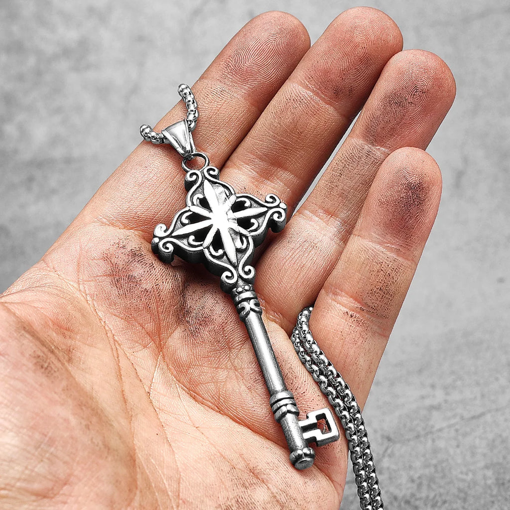 Vintage Cross Key Stainless Steel Men Women Necklaces Pendants Chain Unique Punk Trendy Amulet Jewelry Creativity Gift Wholesale