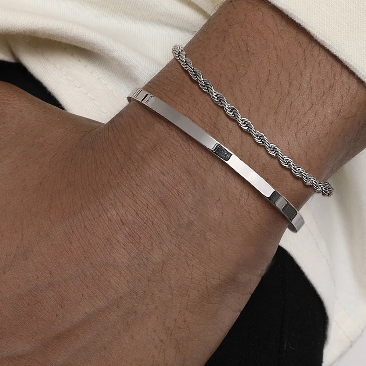 Waterproof Men's Layered Bracelets,2pcs Stainless Steel Twisted Chain Link Wristband,4MM Cuff Bangle Gift