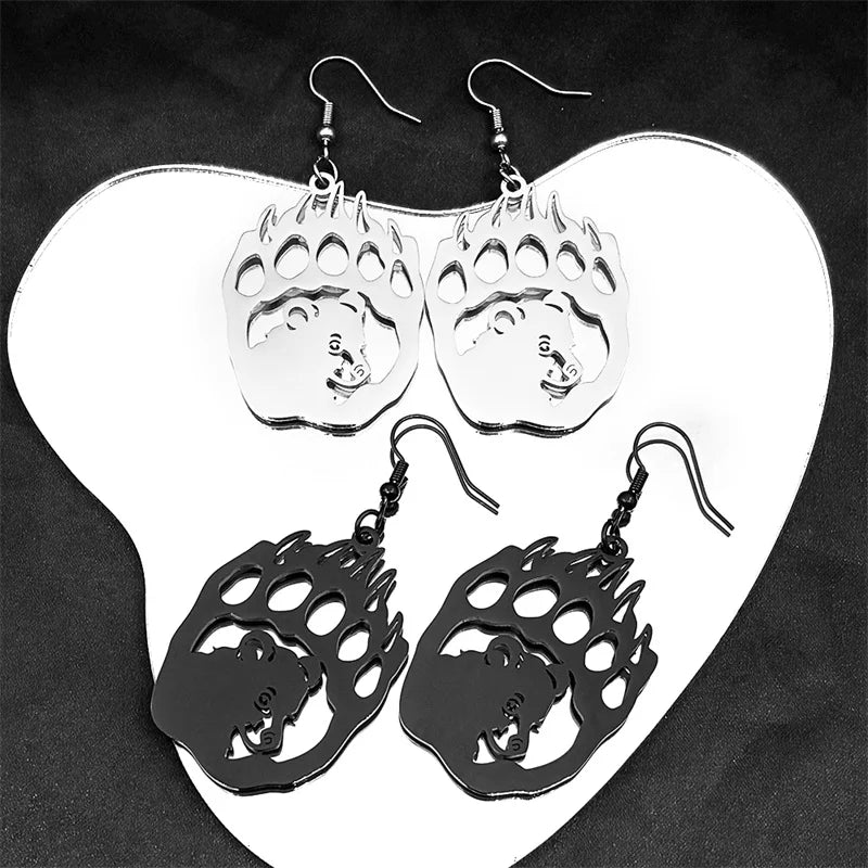 Hip Hop Animal Paw Bear Head Drop Earring for Women Stainless Steel Silver Black Color Hollow Earrings Jewelry E3492S06