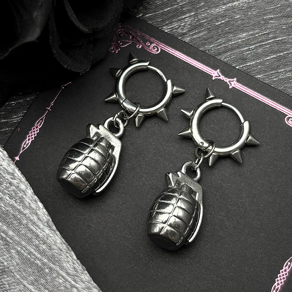 Funny Grenade Rivet Earrings For Men Women  Stainless Steel Silver Color Hiphop Rock Party Male Punk Hoop Ear Ring Jewelry Gift