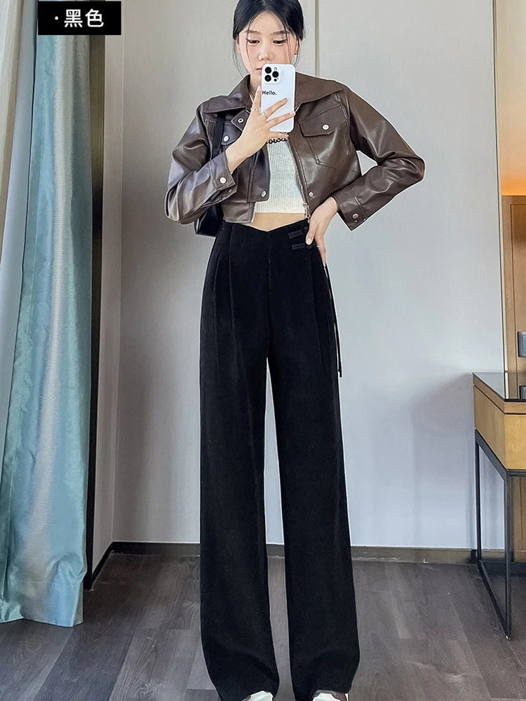 Corduroy pants women autumn and winter new Chinese style buckle casual thick solid color versatile wide leg pants