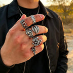 6Pcs Gothic Punk Open Ring Set for Men,Vintage Skull Bat Crown Star Adjustable Stackable Rings,Hip Hop Halloween Jewelry Gift
