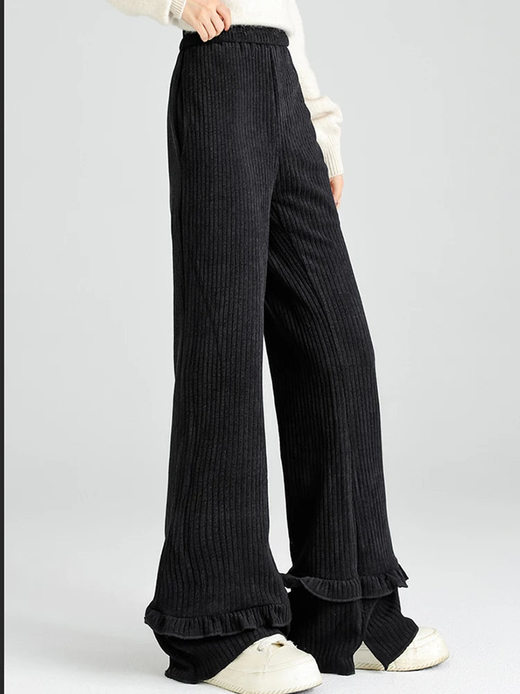 Solid corduroy micro flared pants women's winter wide leg casual high waisted narrow version straight leg sweatpants