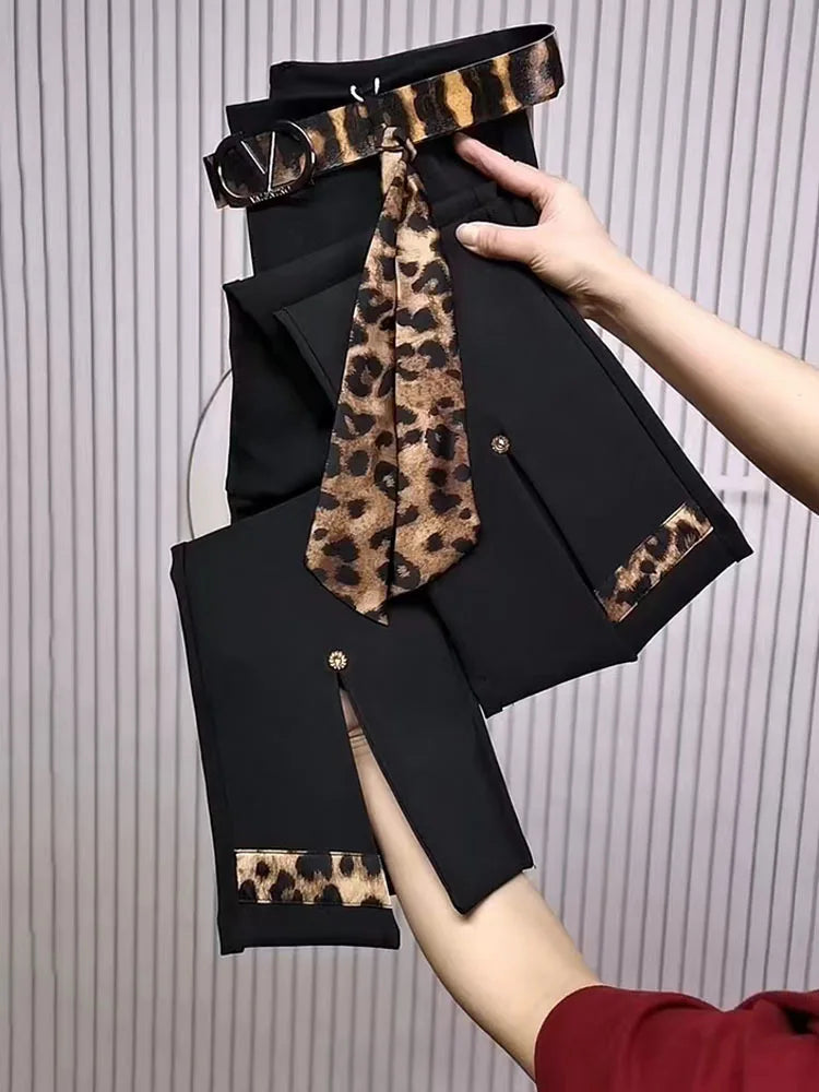 Spring Autumn new color blocking elastic micro bell pants for women high waist slim with leopard print flared cropped pants 2025