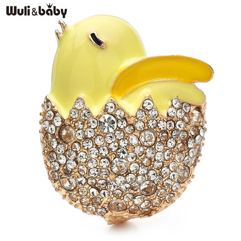 Wuli&baby Little Chicken In Egg Brooch Pin Sparkling Crystal Egg Shell Animal Cute Badge For Coat and Dress