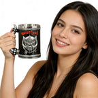 Gothic Rock Collectible Mug Hand-Polished 3D Embossed Skull, Stainless Steel Inner Unique Horn Handle Heavy Metal  Coffee Cup