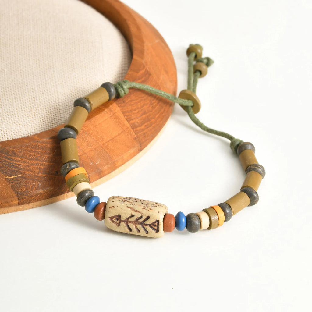 Mprainbow Fish Bone Beads Charm Bracelets for Men Boys, Retro Ethnic Wood Beaded Wristband,Adjustable Jewelry Gift to Him