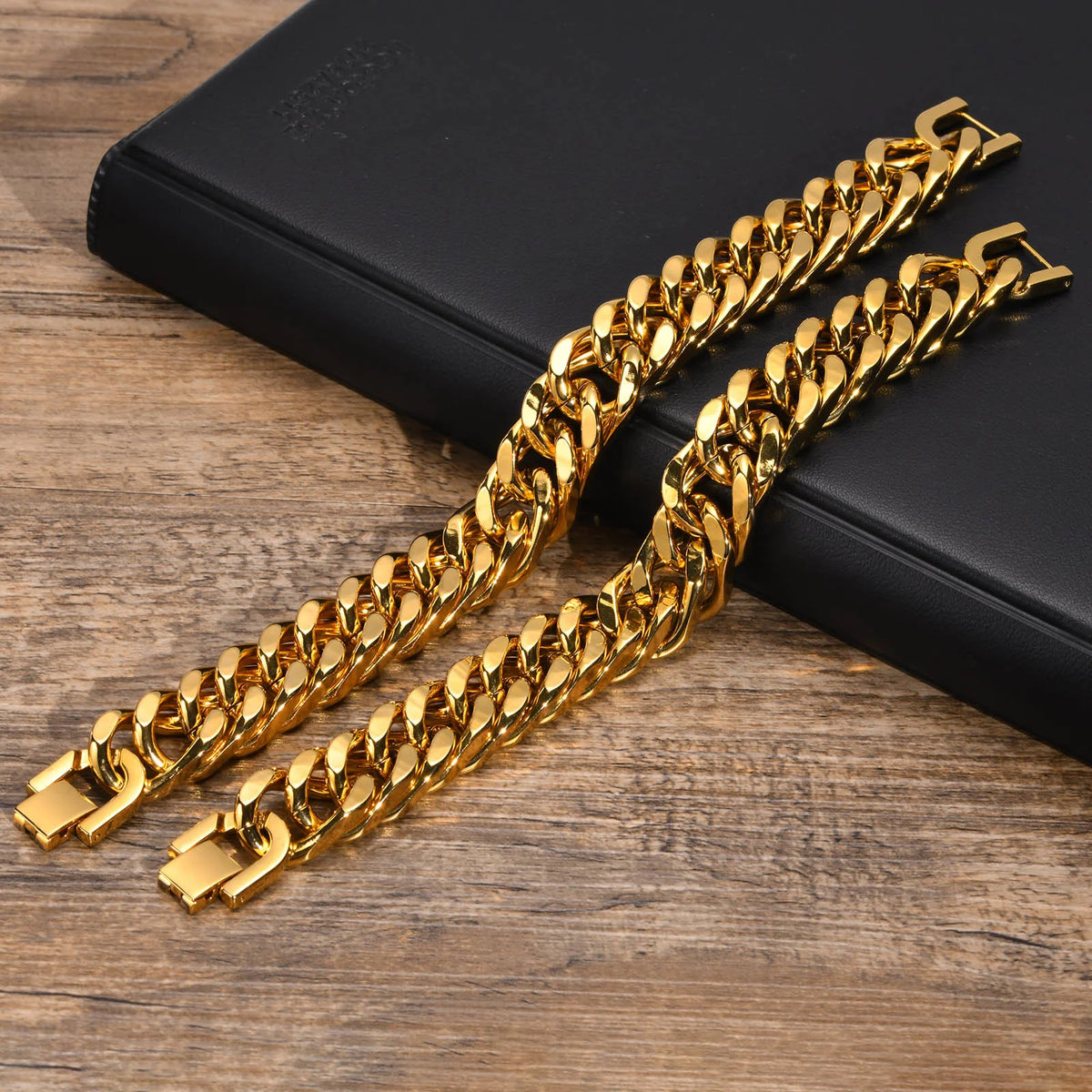 Gold Plated Men's Chunky Chain Bracelet,Stainless Steel Thick Cuban Chain Wristband,Hip Hop Punk Luxury Jewelry Gift for Him