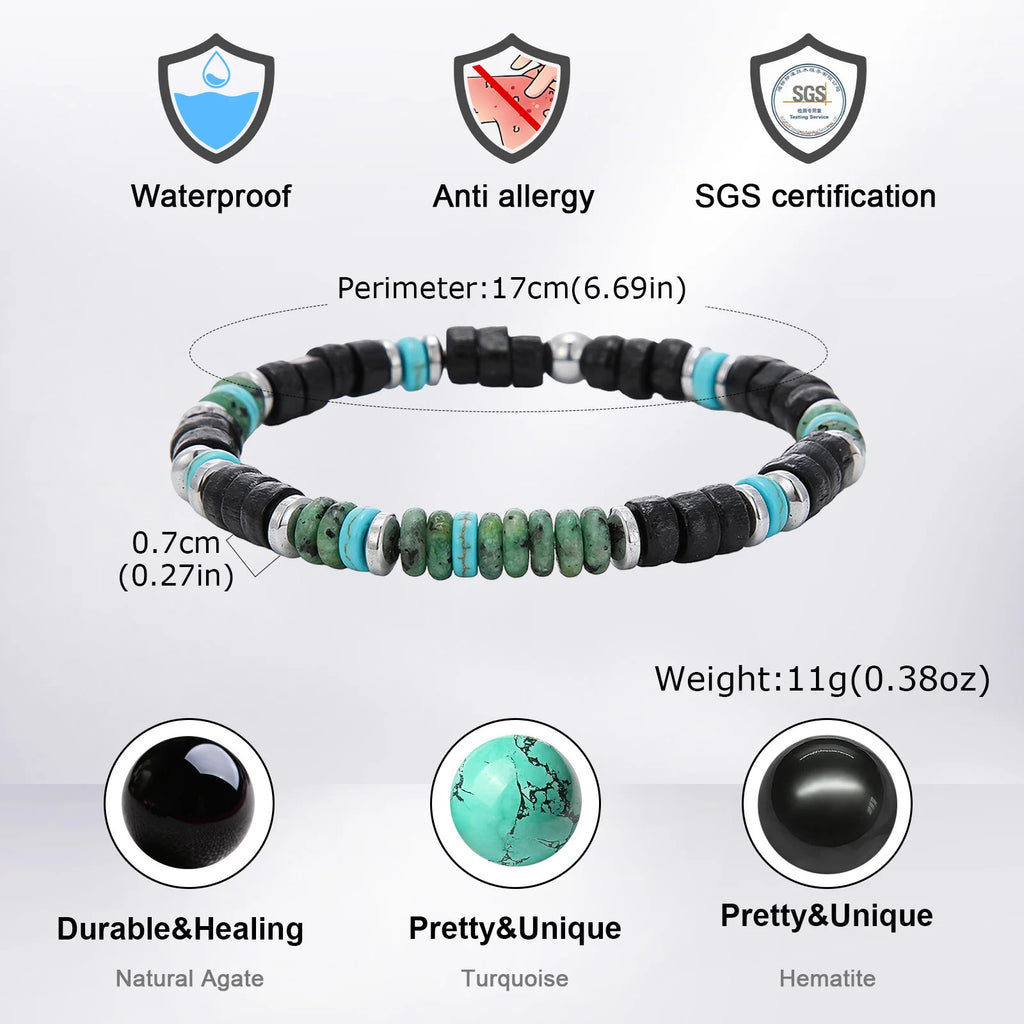 Bohemian Black Agate Beaded Bracelet for Men,Eiastic Green Stone Bead Bracelets,Handmade Stacking Stretch Bracelets Gift