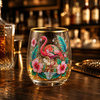 Flamingo Cocktail Glass Tropical Hibiscus Decal Stemless Beer Cup Gold Rim Bar Drinkware Party Gift