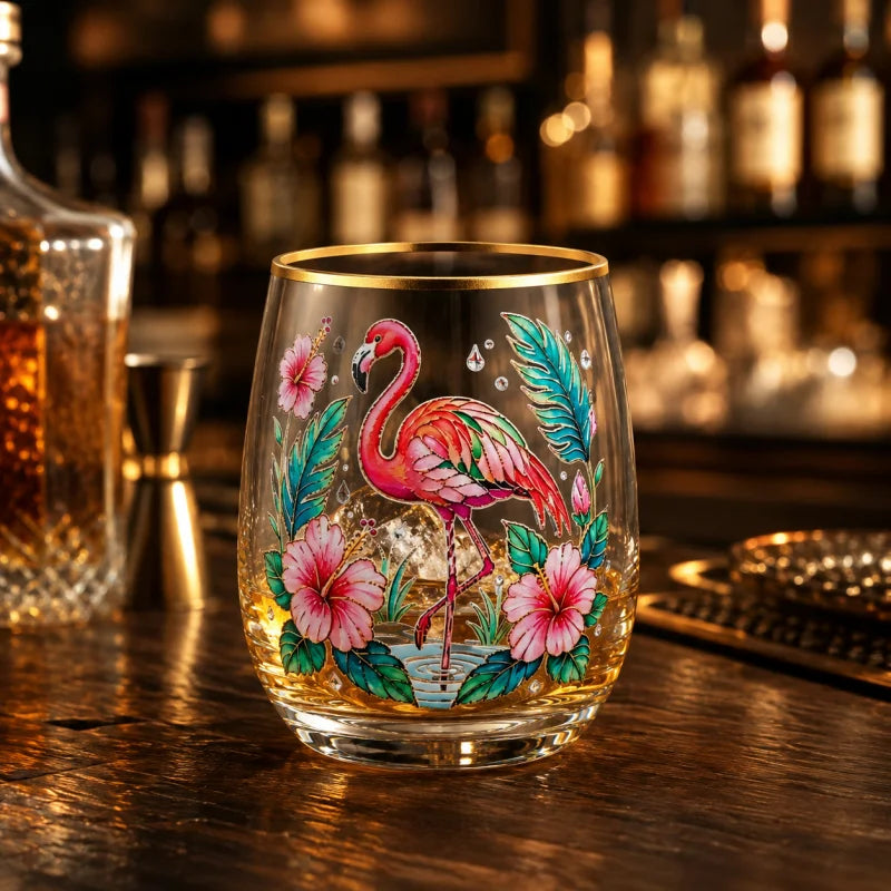 Flamingo Cocktail Glass Tropical Hibiscus Decal Stemless Beer Cup Gold Rim Bar Drinkware Party Gift
