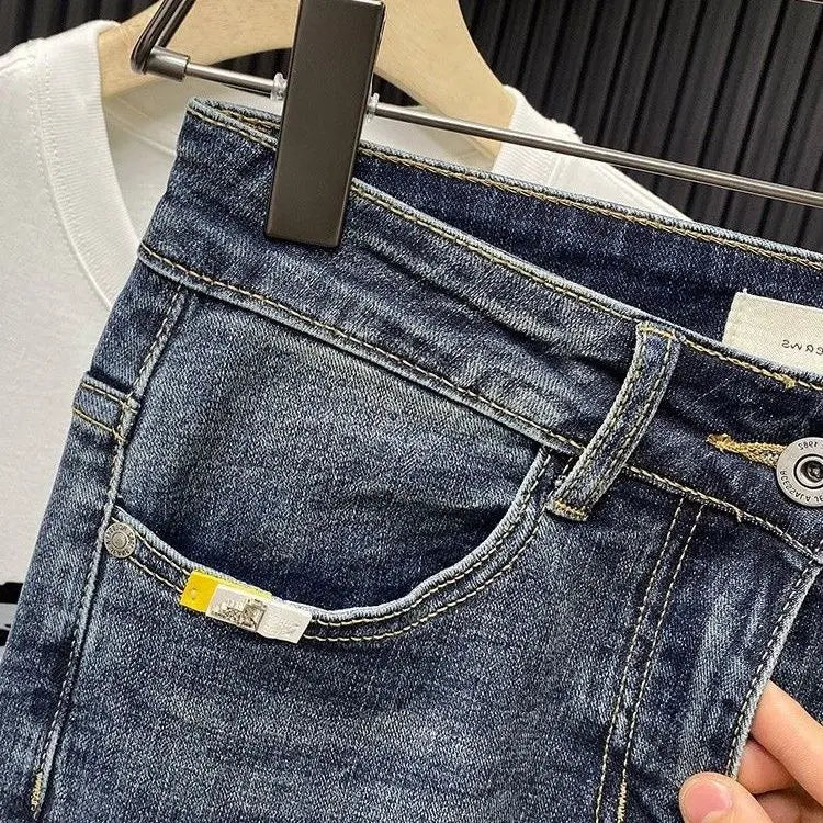 Trendy Brand 2026 Versatile Labeled Jeans for Men Stretch Slim Fit Simple Skinny Pants Trendy Cat Whisker Slimming Cropped Pants