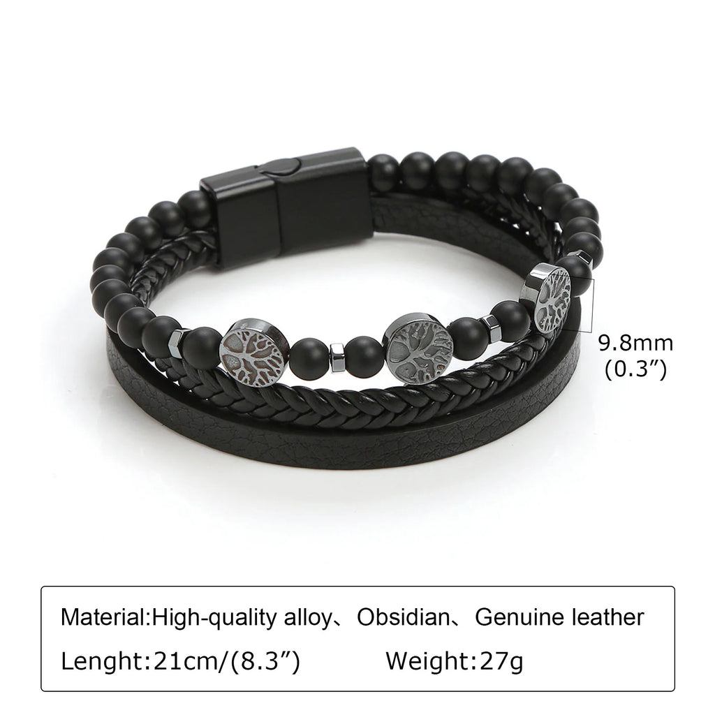Tree of Life Leather Bracelets for Men Dad Father Grandfather BFF, Black Braided Rope Chain Multi-Layers Wristband Gift Jewelry