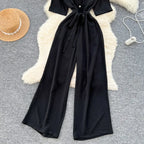 Fashionable casual lapel collar short sleeved cinched waist jumpsuit women's summer new solid color wide leg long pants