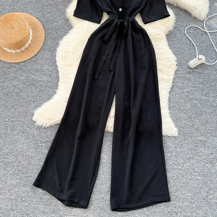 Fashionable casual lapel collar short sleeved cinched waist jumpsuit women's summer new solid color wide leg long pants