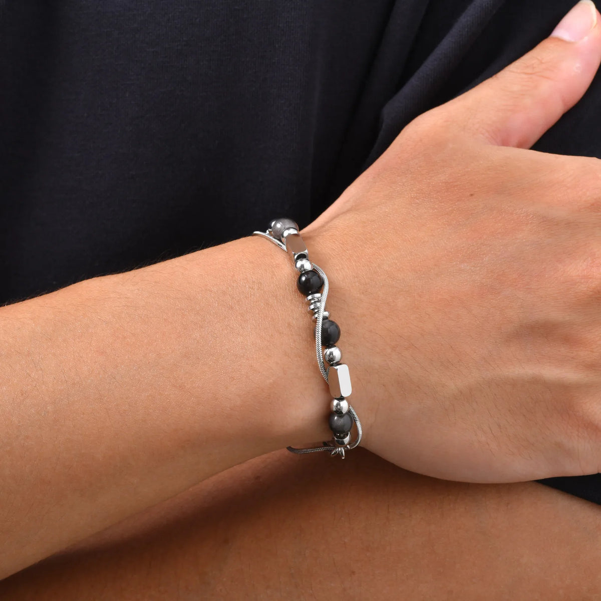 Hip Hop Natural Stone Beaded Bracelet for Men,Stainless Steel Adjustable Chain Wristband,New Stacked Jewelry Gift