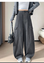 Corduroy cargo wide leg pants women in winter 2025 new high waisted loose fit slimming and ankle tied casual pants