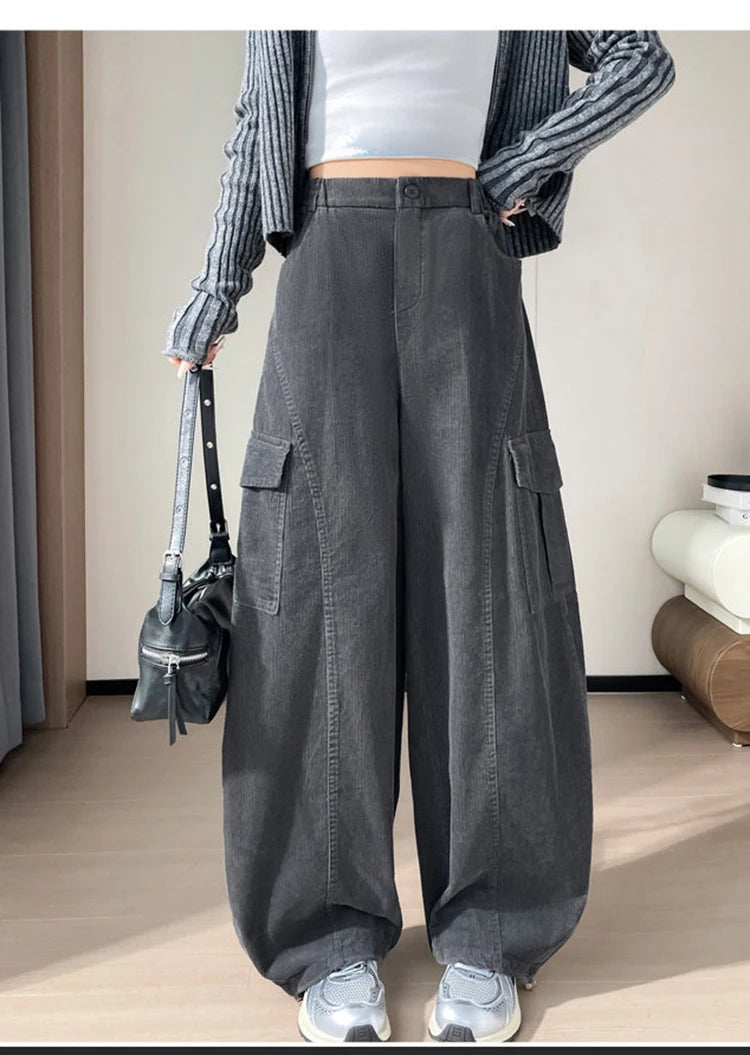 Corduroy cargo wide leg pants women in winter 2025 new high waisted loose fit slimming and ankle tied casual pants
