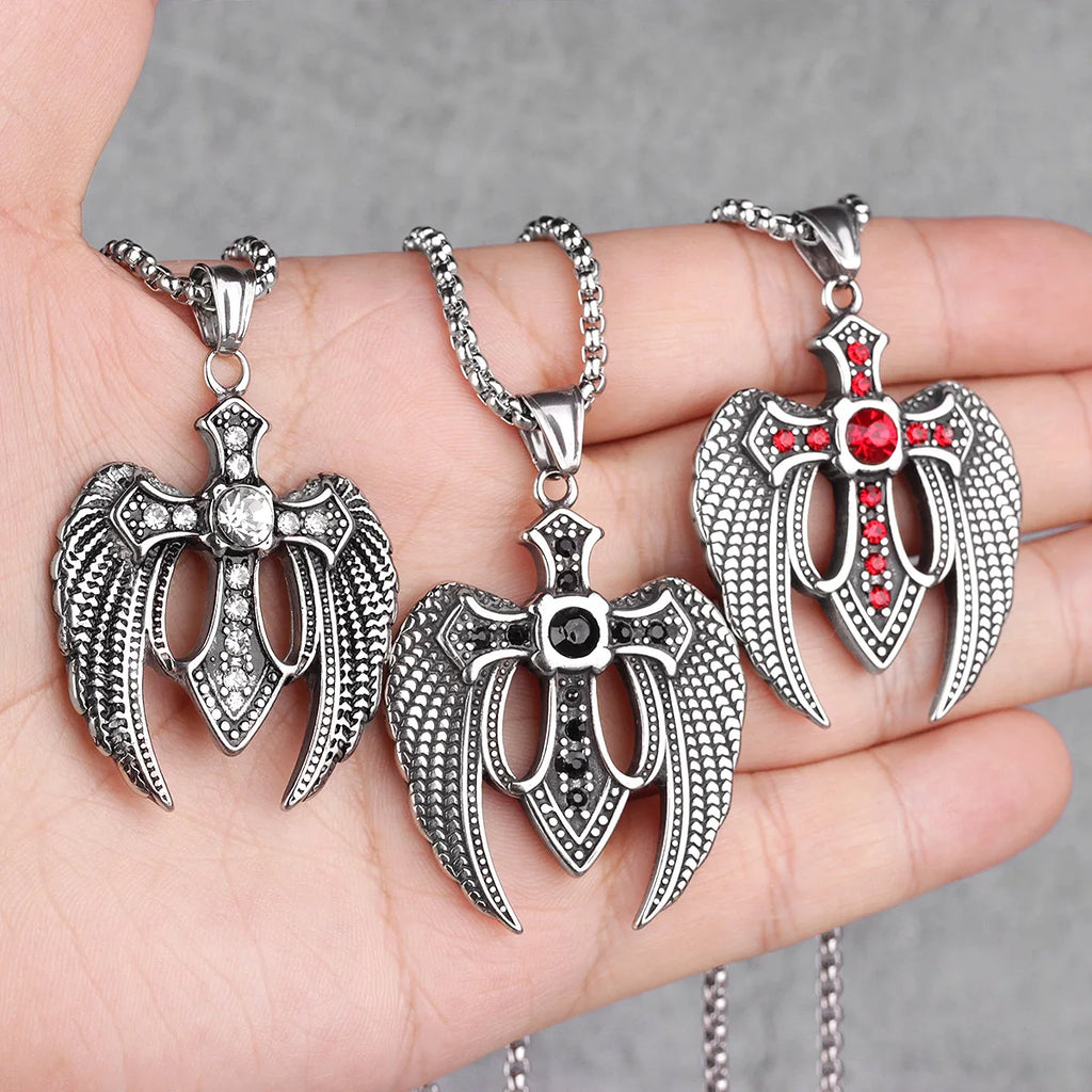 Red Black Cross Wings Men Long Necklaces Pendants Chain Punk for Boy Male Stainless Steel Jewelry Creativity Gift Wholesale