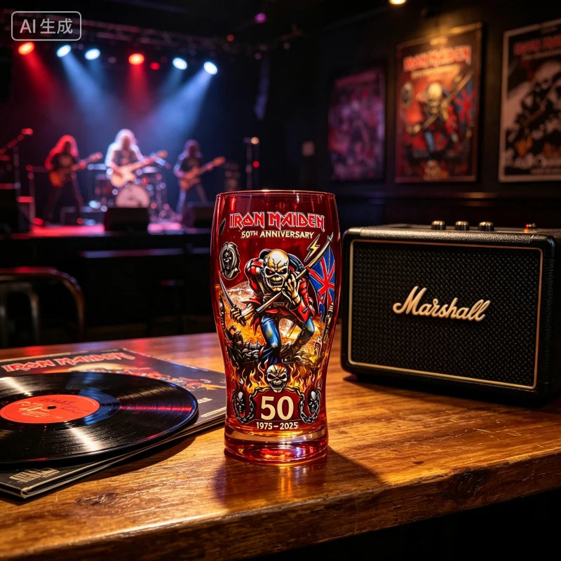 Iron Maiden 50th Anniversary Themed Pint Glass Heavy Metal Rock Band Inspired Beer Cup Collectible Drinkware for Bar Home Party