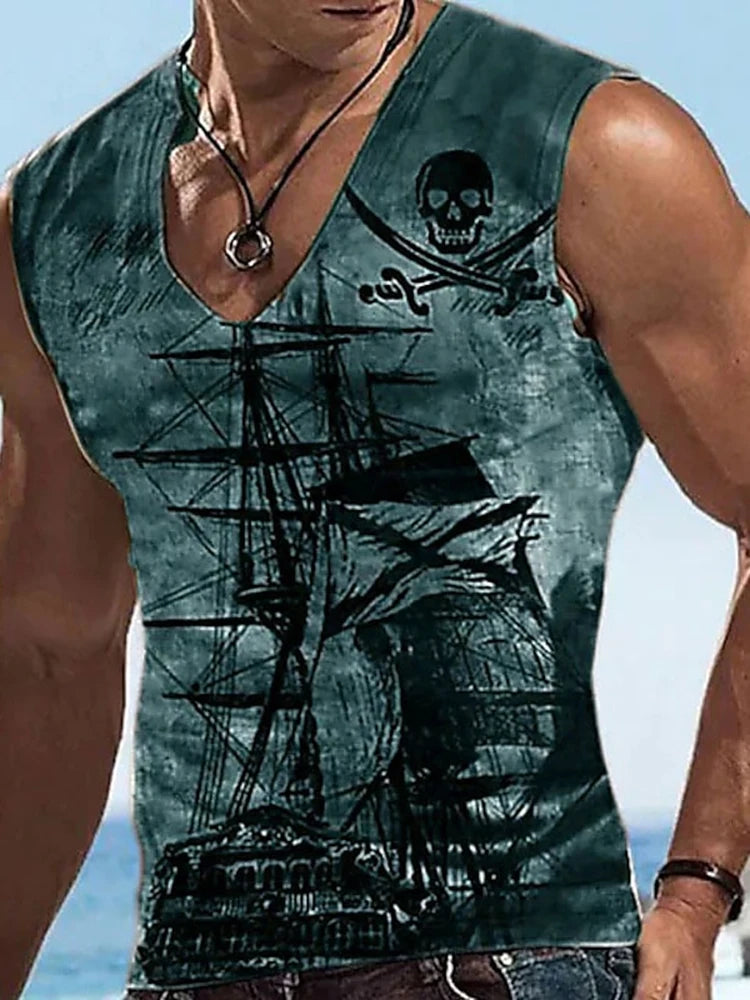 Street Style Stylish Men's V-neck Tank Top Summer Outdoor Casual Men's Tank Top Running Men's Comfortable Vest Pirate Ship Print