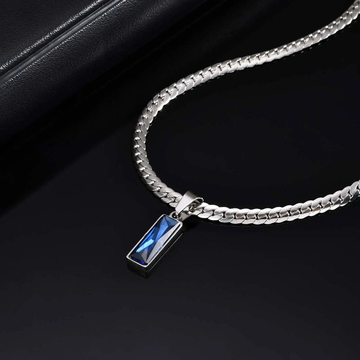 Sea Blue Geometric Pendant Necklace for Men Boys,Stainless Steel Blade Flat Cuban Chain Collars,Hip Hop Cool Jewelry Gift