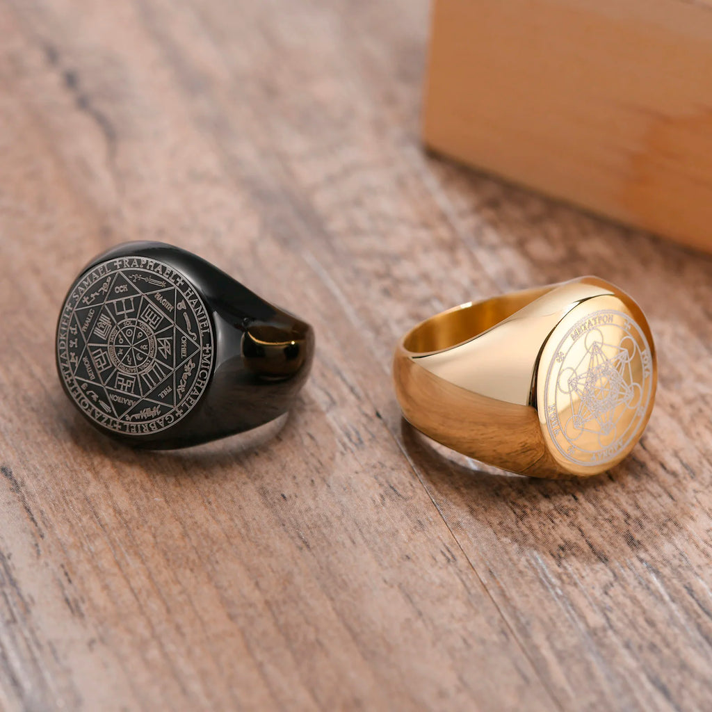 Men Signet Rings, Mens Amulet Ring,Solomon's Secret Seal Horse Seal of the seven archangels Stainless Steel Ring Jewelry