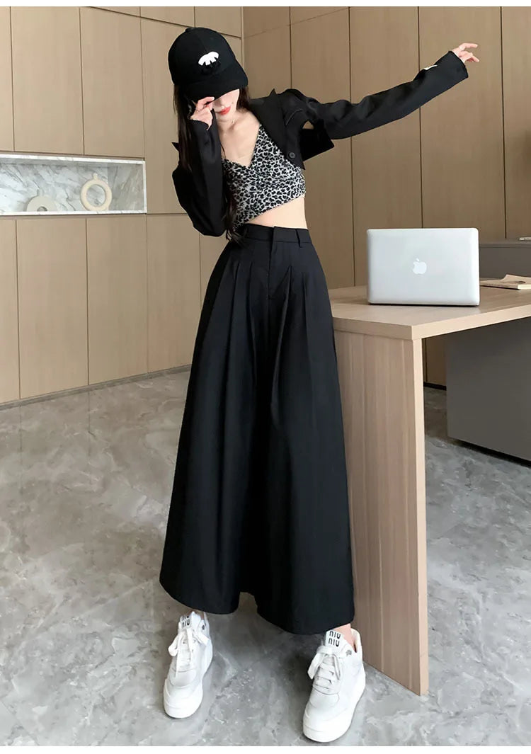 Oversize Wide Leg Pants For Women Gathered Waist Spliced Ruched Casual Solid Long Trousers Female Clothing Summer