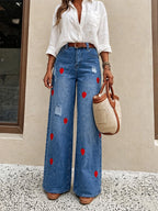 New Women's High-quality Strawberry Embroidered Distressed Loose Wide-leg Jeans, Machine Washable, Fall clothes for women