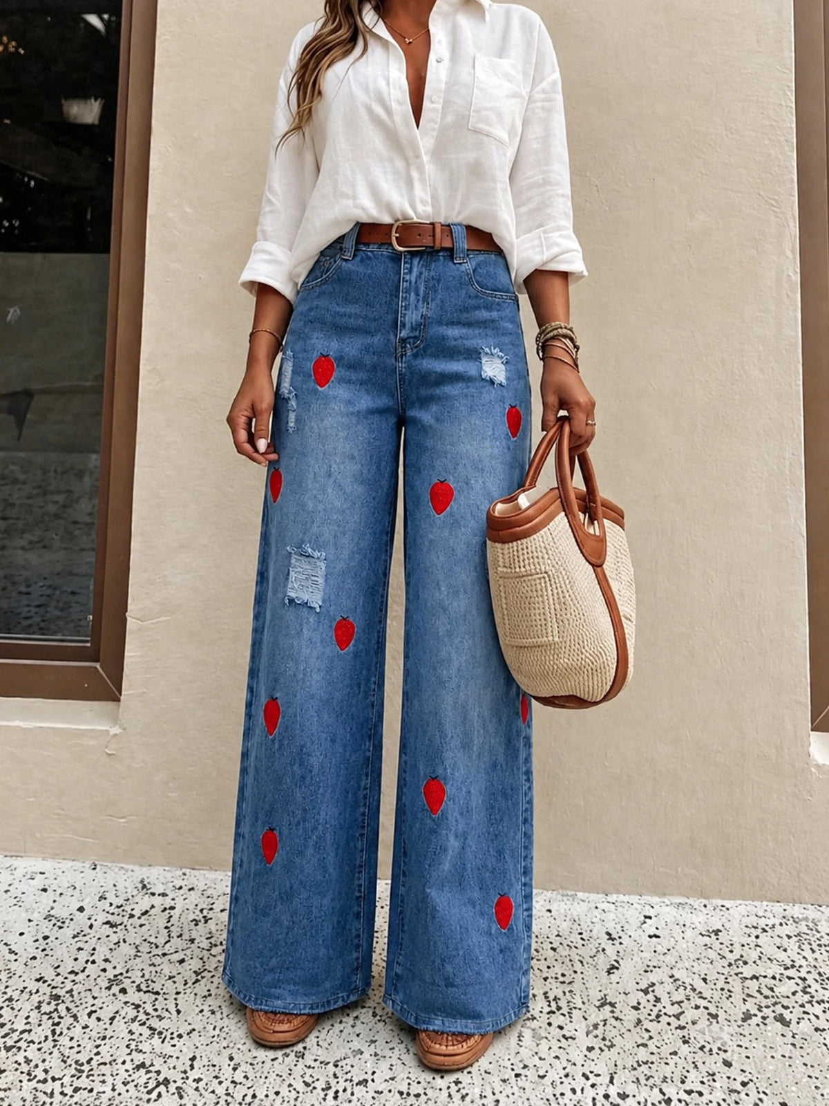 New Women's High-quality Strawberry Embroidered Distressed Loose Wide-leg Jeans, Machine Washable, Fall clothes for women