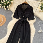 Fashionable casual lapel collar short sleeved cinched waist jumpsuit women's summer new solid color wide leg long pants