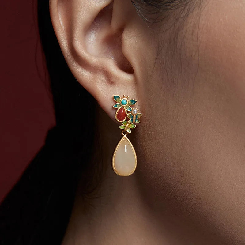 VENTFILLE Hetian Jade Ear Hook Earring Women's High-end Temperament Ethnic Style Retro Earrings Cloisonne Craft Dangler Gift