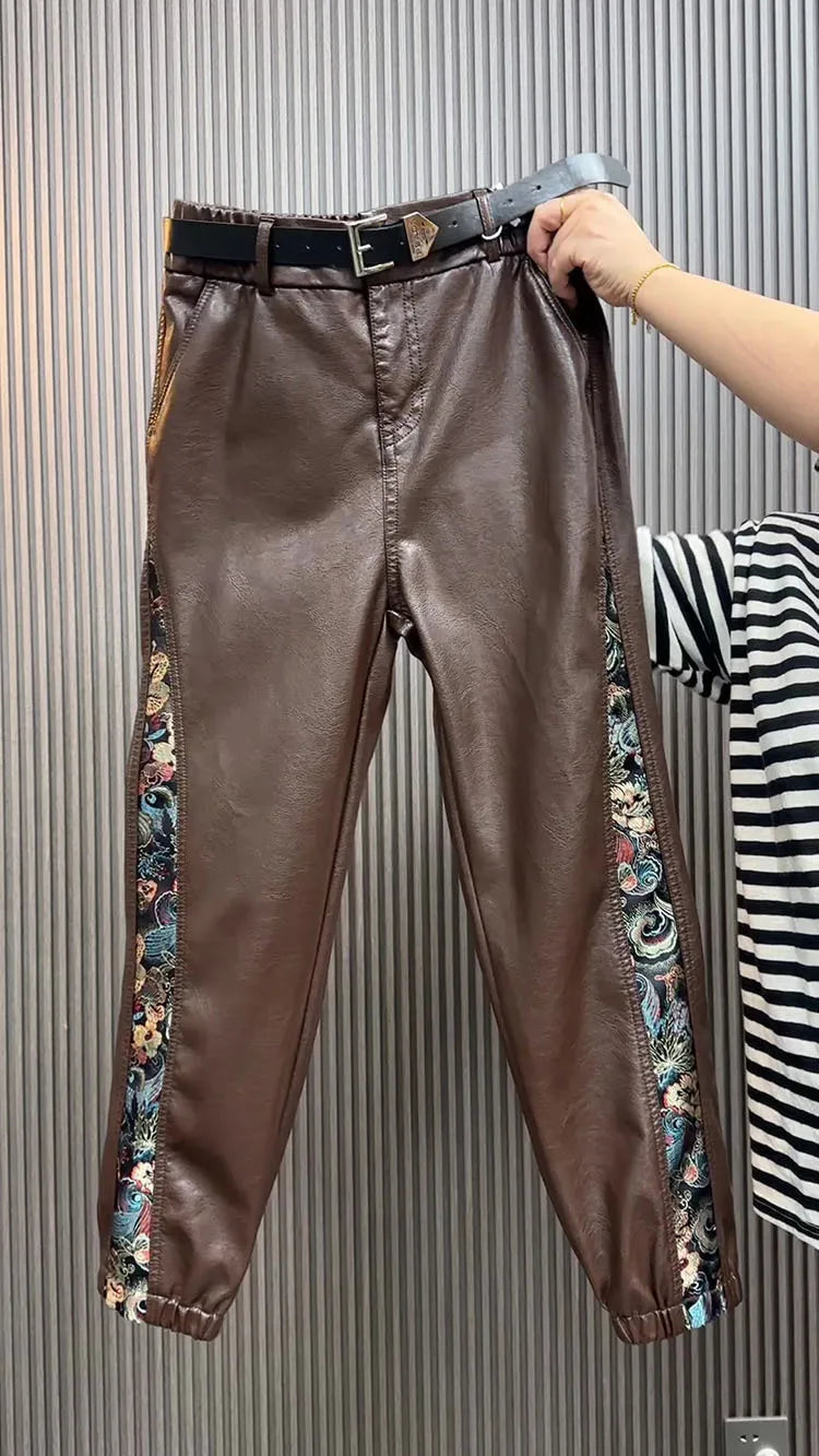 PENDRA Panelled High Waist Straight PU Leather Pants