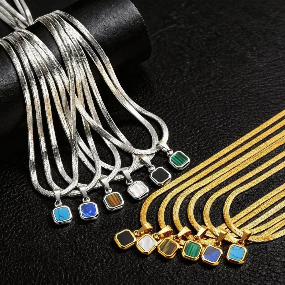 Men's Small Geometric Natural Stone Necklaces,Stylish Stainless Steel Flat Cuban Chain Collars,Hip-hop Punk Jewelry Gift