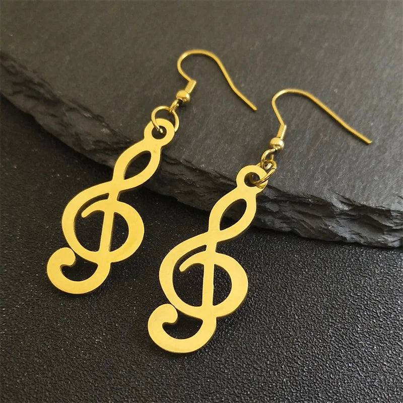 Simple Punk Music Note Stainless Steel Earrings For Women Gold Color Charms Hip Hop Music Party Gift Jewelry E1132S06